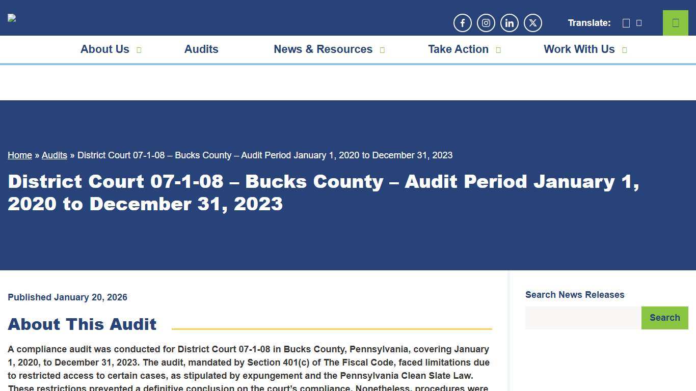 District Court 07-1-08 - Bucks County - Audit Period January 1, 2020 to December 31, 2023 - Pennsylvania Department of the Auditor General