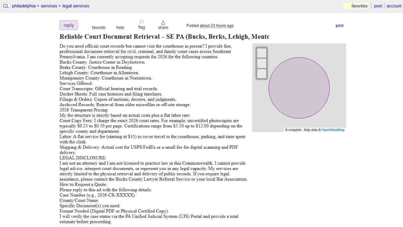 Reliable Court Document Retrieval – SE PA (Bucks, Berks, Lehigh, Montc - legal services - craigslist