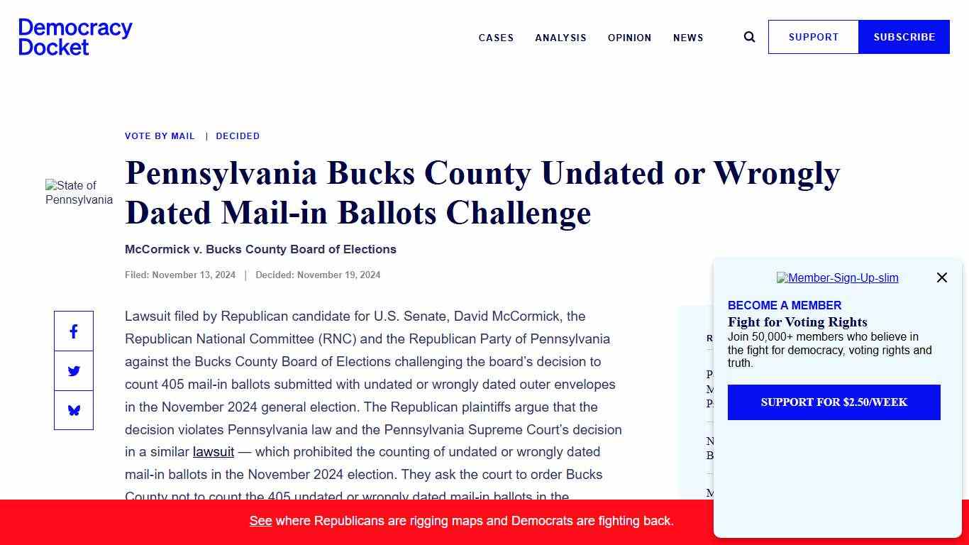 Court Cases - Pennsylvania Bucks County Undated or Wrongly Dated Mail-in Ballots Challenge - Democracy Docket